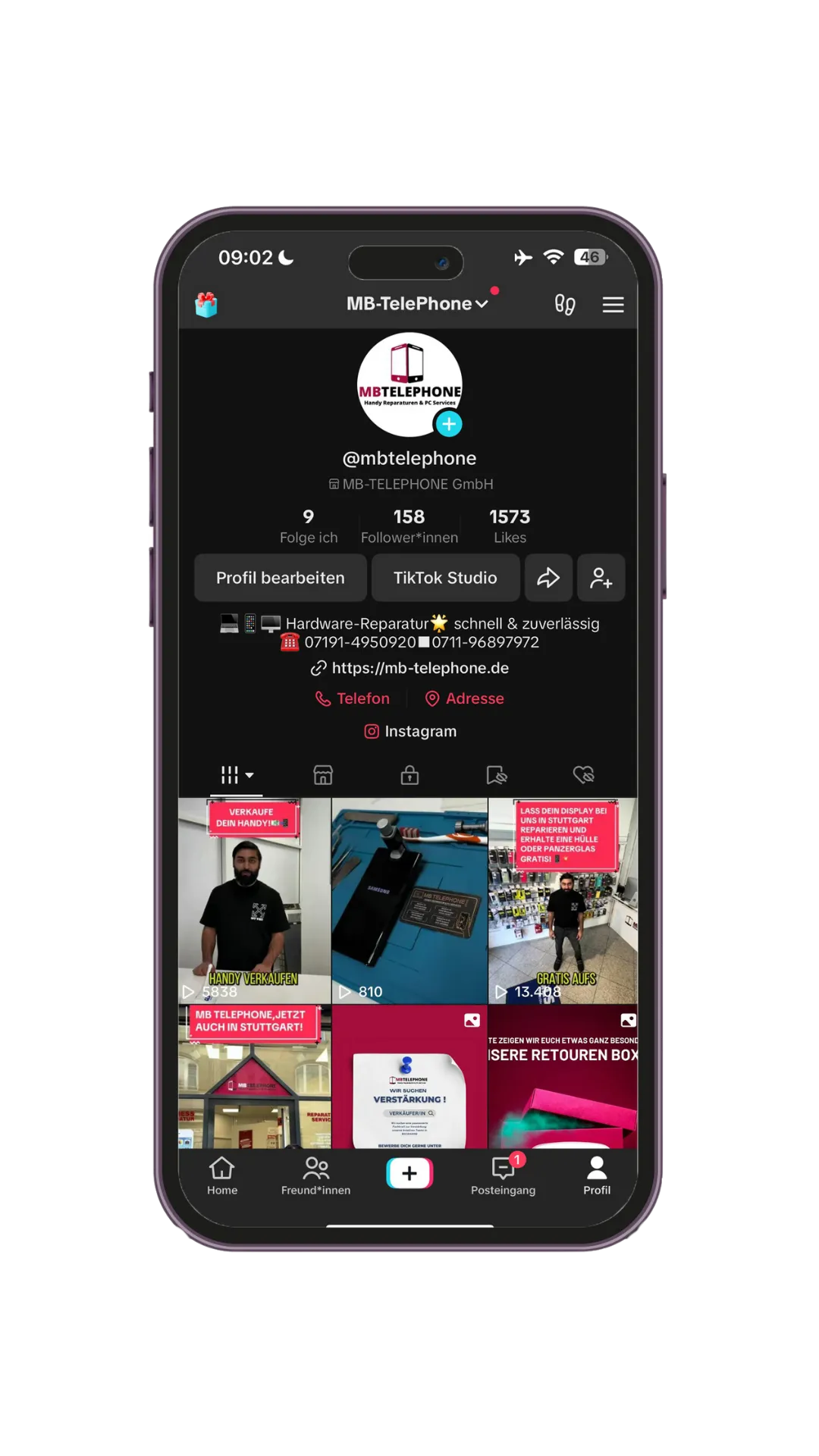 TikTok-Profil von MB-Telephone, Social Media Marketing für Handy-Reparatur