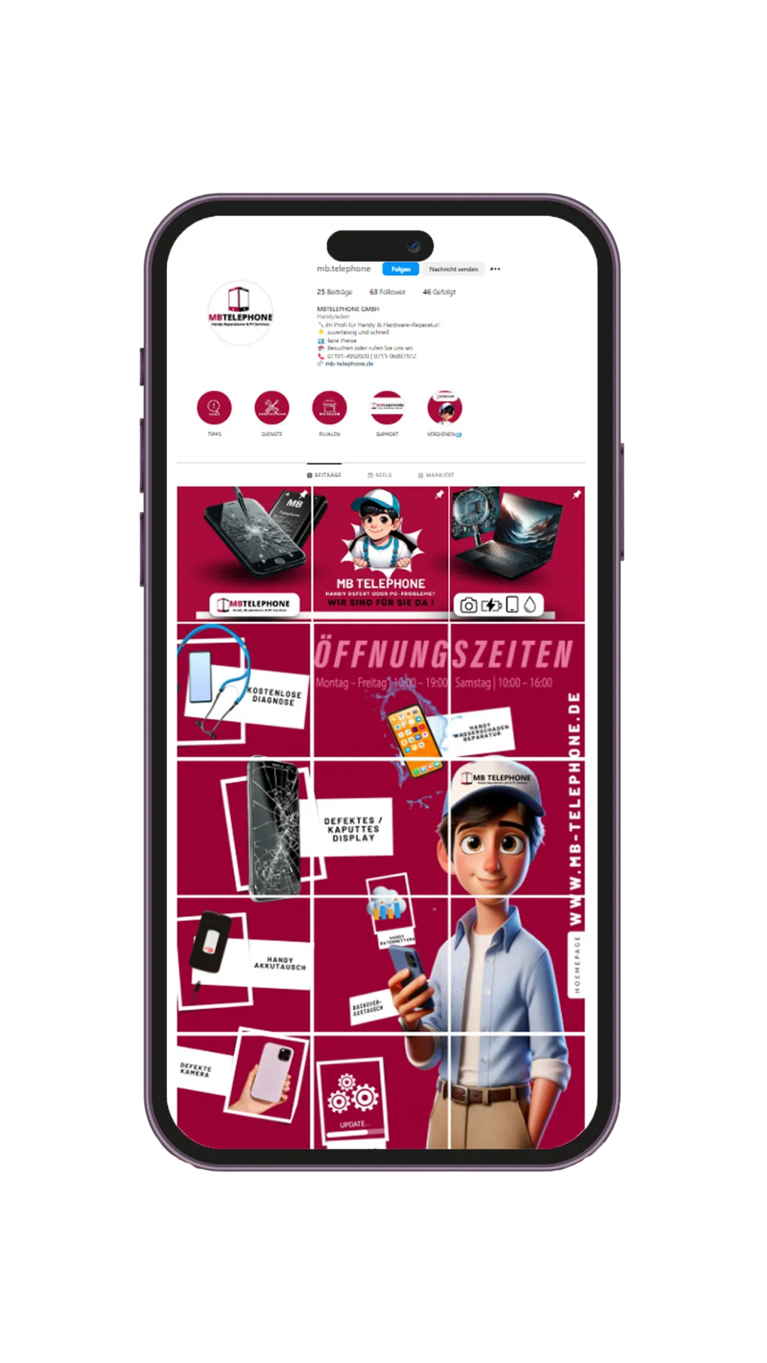 Social Media Marketing für Handy-Reparatur mit MB Telephone Webseite