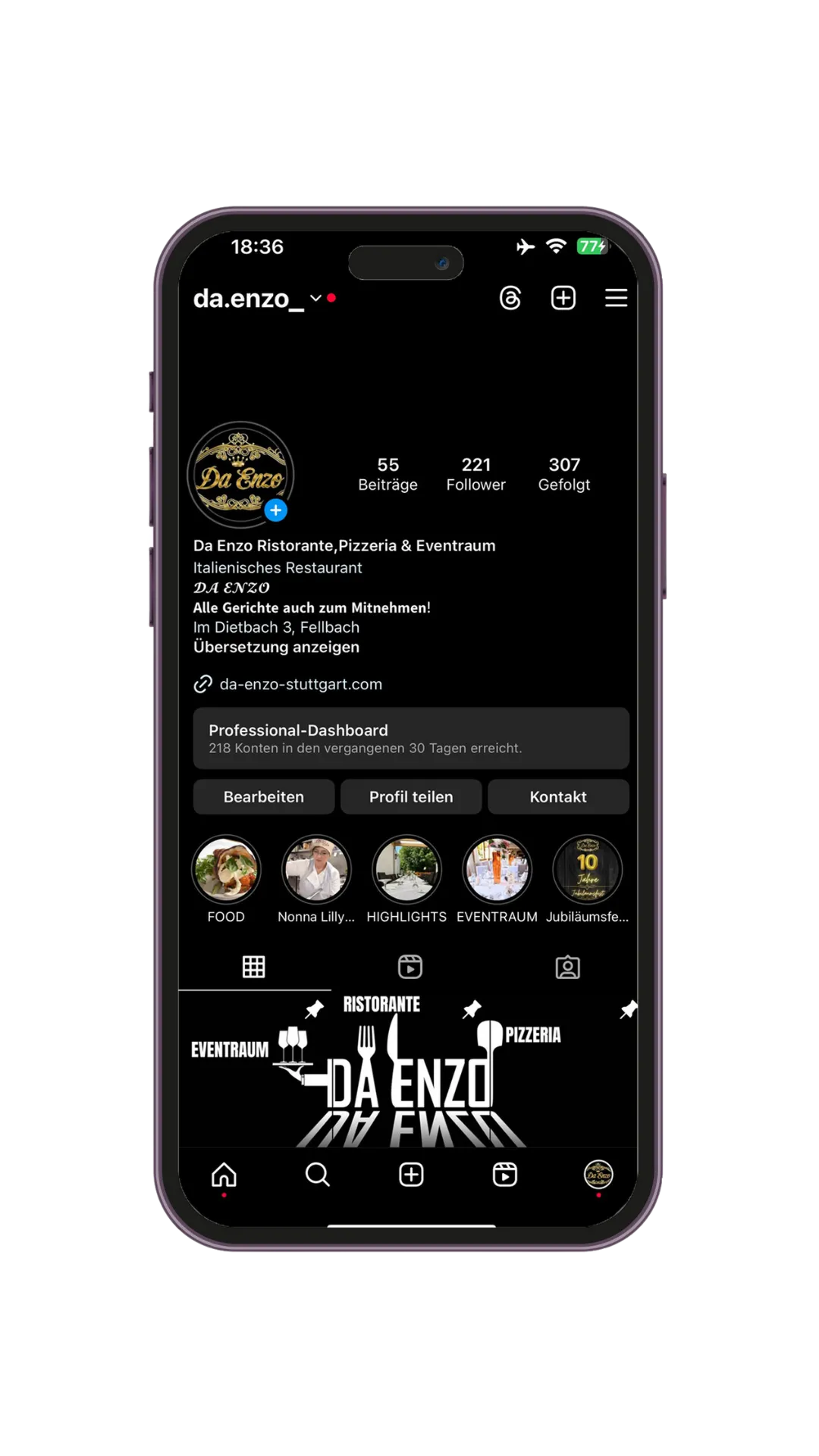 Social Media Marketing für italienisches Restaurant Da Enzo mit Profilansicht