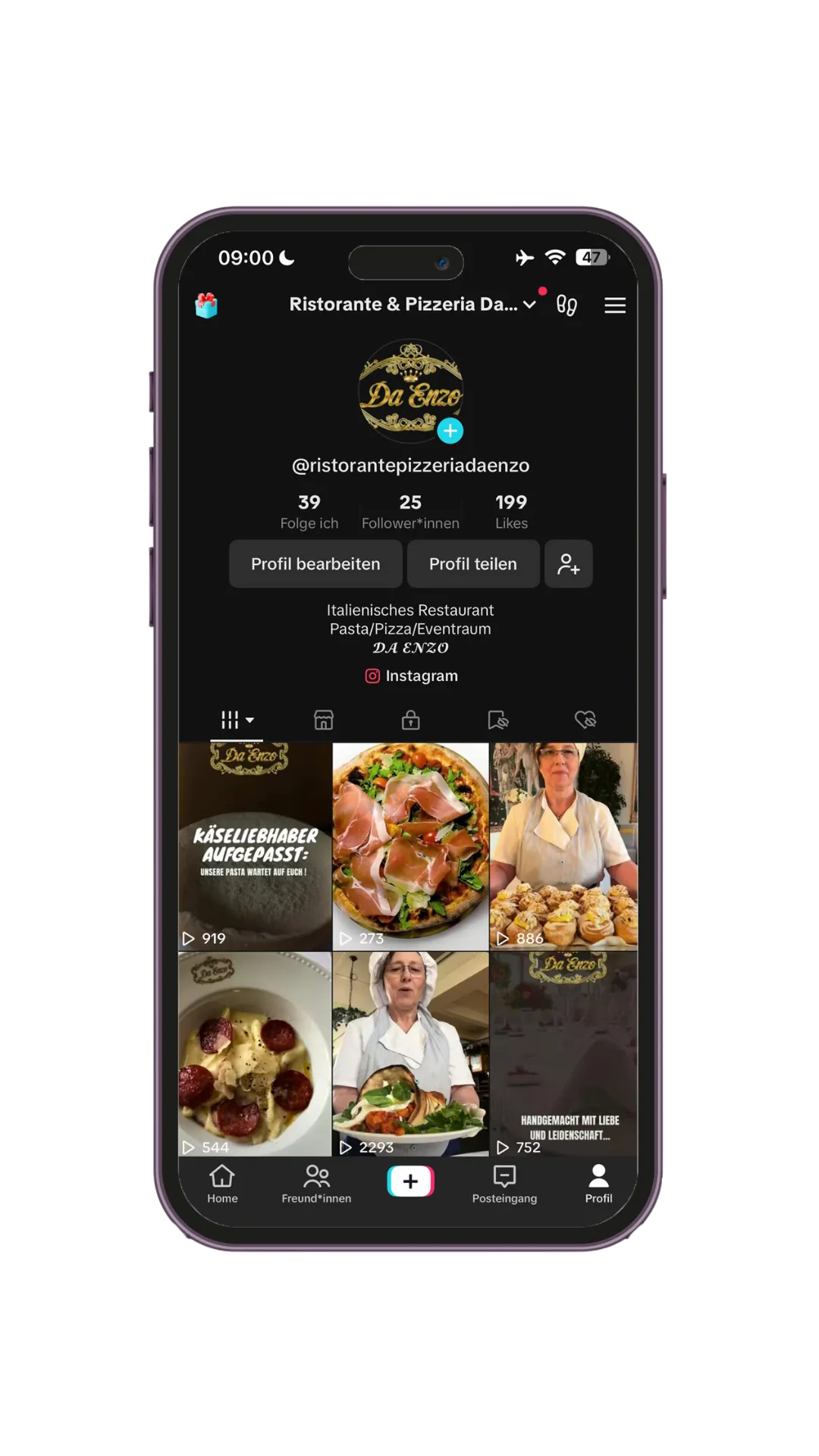 Social Media Marketing für italienisches Restaurant Da Enzo mit Speisen und Posts